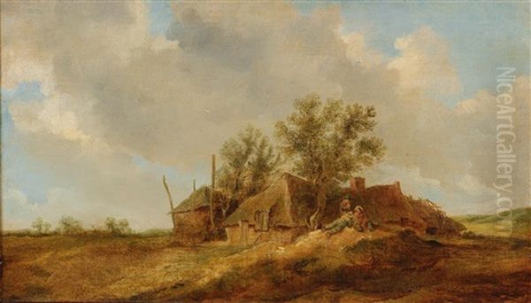 An Extensive Dune Landscape With Peasants Resting In Front Of A Farm House Oil Painting by Jan Josefsz. van Goyen