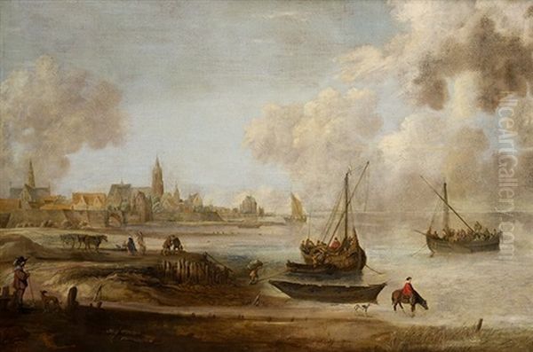 Barcos Con Personajes En La Bahia Oil Painting by Jan Josefsz. van Goyen