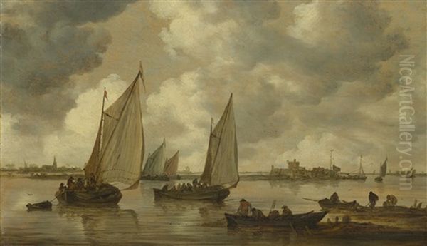 Ships In Dordrecht Harbour With The Ruins Of Huis Te Merwede In The Background Oil Painting by Jan Josefsz. van Goyen