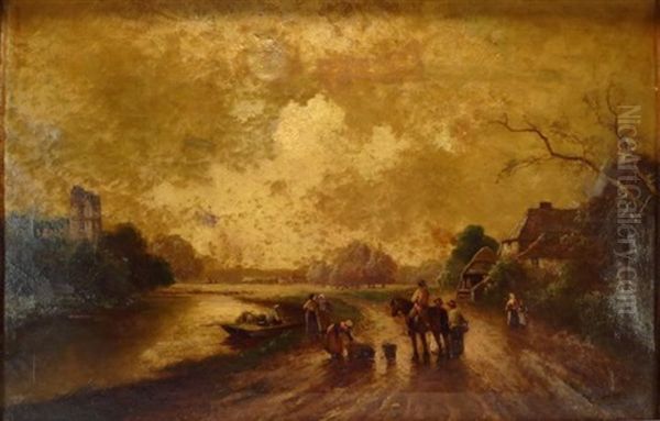 Figures Along River With Rowboat Oil Painting by James Walter Gozzard