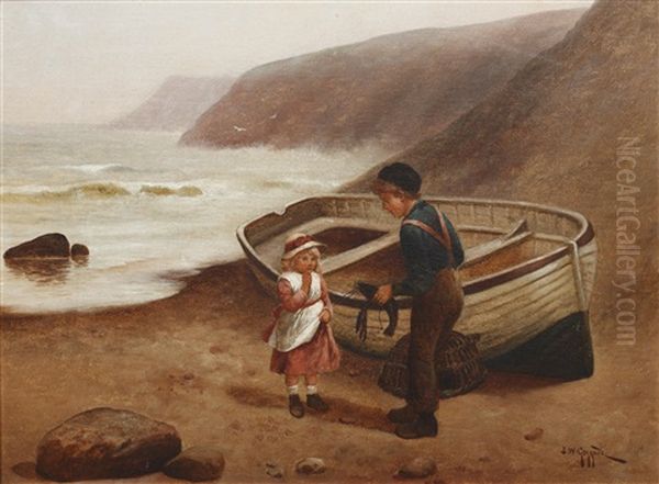 Children On A Beach; Family By A Seaside Cottage (2 Works) Oil Painting by James Walter Gozzard