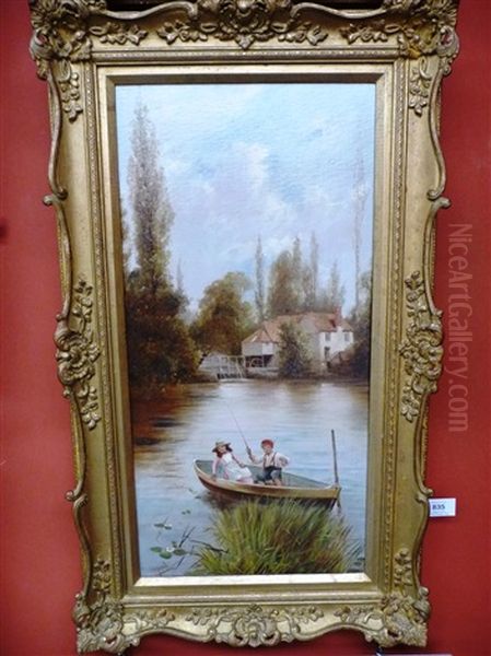 River Landscape With Children Fishing From A Boat Oil Painting by James Walter Gozzard