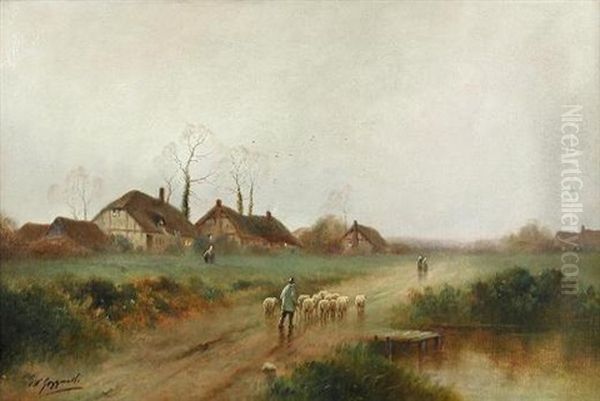 A Shepherd With His Flock On A Country Lane (+ Misty Evening With Villagers Conversing By A Pond; Pair) Oil Painting by James Walter Gozzard