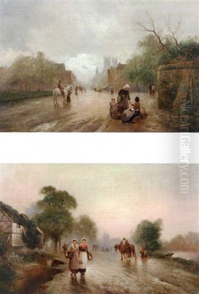 A Traveller On A Grey Horse, With A Woman Selling Vegetables By The Roadside Oil Painting by James Walter Gozzard