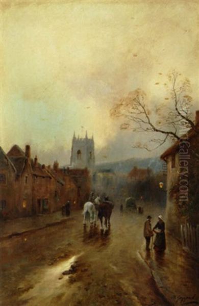 The Last Steps Of Day. Folkeliv I En Bygade Med En Katedral I Baggrunden Oil Painting by James Walter Gozzard