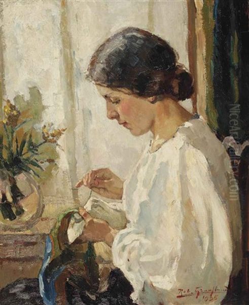 A Seamstress Doing Needlework By A Window Oil Painting by Robert Archibalt Graafland