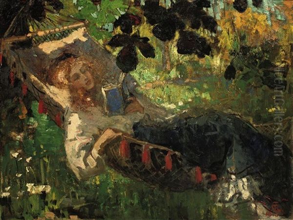 A Girl Reading In A Hammock Oil Painting by Robert Archibalt Graafland