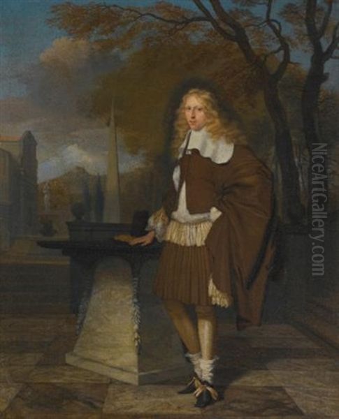 Portrait Of An Young Gentleman, Standing By A Sundial In A Formal Garden Oil Painting by Barend Graat