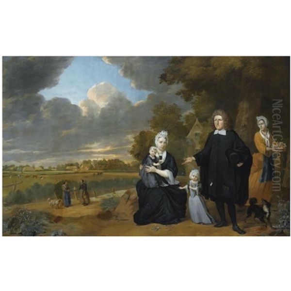 A Portrait Of A Family Together With A Maid Near A Dutch Polder Oil Painting by Barend Graat