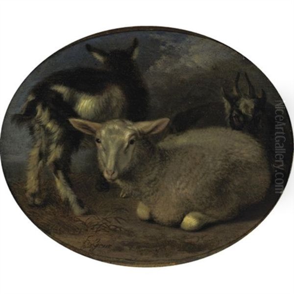 A Sheep And Two Goats In A Landscape Oil Painting by Barend Graat