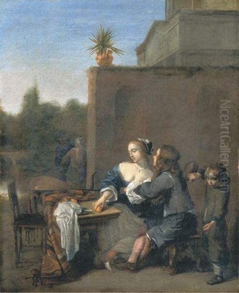 An Amorous Couple Seated At A Table In The Garden Of A Villa Oil Painting by Barend Graat