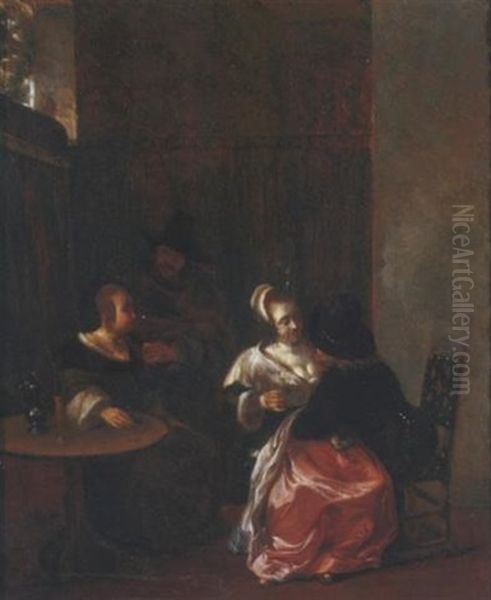 Two Men Courting Women In An Interior Oil Painting by Barend Graat