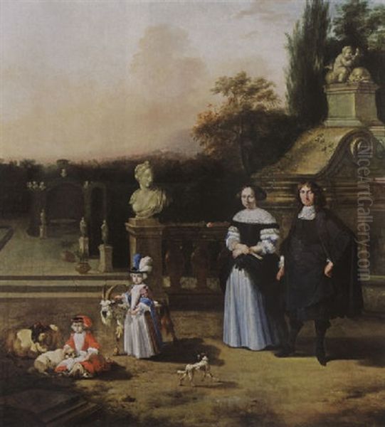 A Portrait Of A Gentleman And His Wife With Their Two Children Playing With A Goat And Sheep, Together With A Dog Oil Painting by Barend Graat