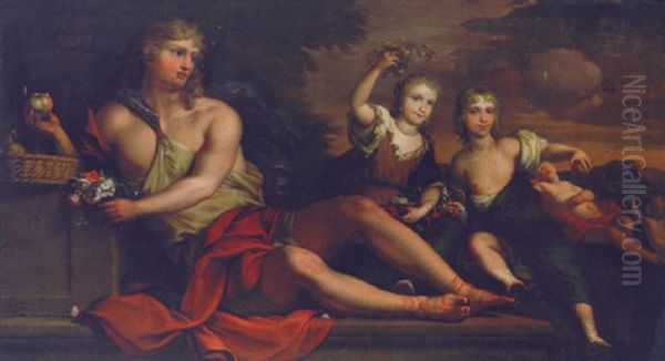 A Reclining Youth Holding Fruit And Flowers With A Brother And Sister And A Sleeping Child Beyond Oil Painting by Barend Graat