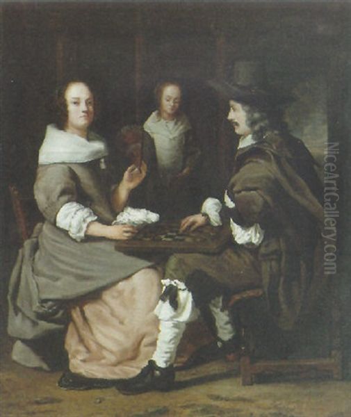 An Elegant Couple Playing Checkers In An Interior Oil Painting by Barend Graat