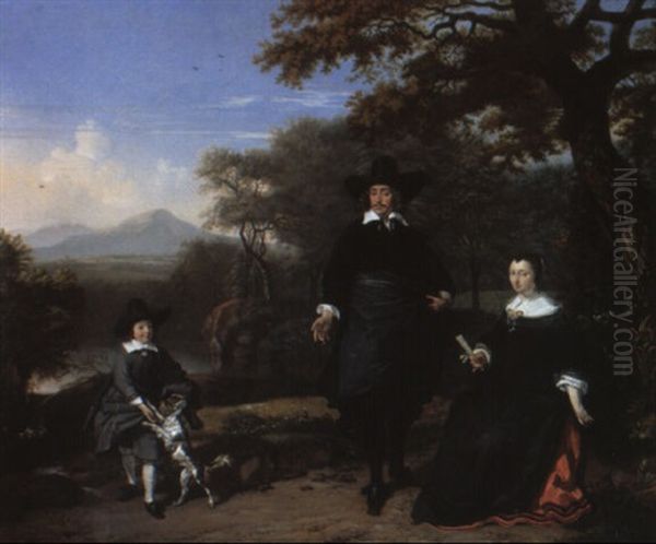 Family Portrait Of A Lady And Gentleman With Their Son Playing With A Dog Oil Painting by Barend Graat