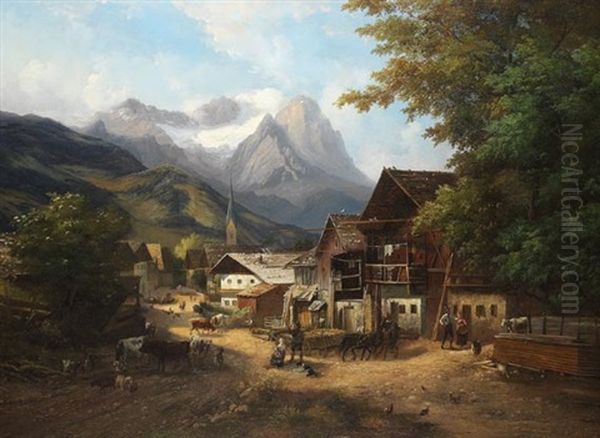 Tiroler Berge Mit Viehstaffage Oil Painting by Christian (Johann Chr. Leberecht) Grabau