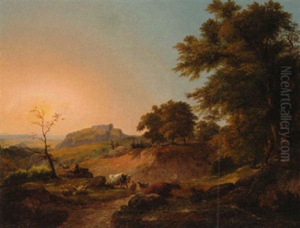 Italianate Landscape With A Herdsman And His Cattle Oil Painting by Christian (Johann Chr. Leberecht) Grabau