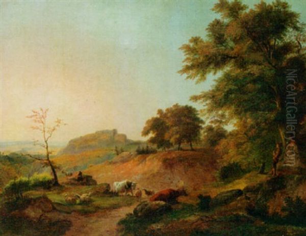 An Italianate Landscape With A Herdsman And His Cattle Oil Painting by Christian (Johann Chr. Leberecht) Grabau