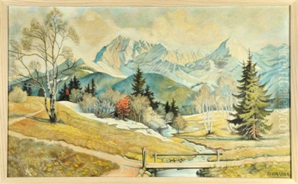 Landschaft Mit Bachlauf Und Altschnee Vor Gebirgsmassiv Oil Painting by Otto Graeber