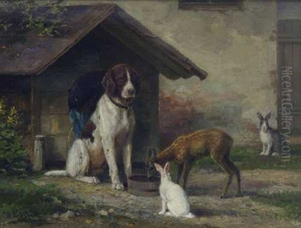 Ein Munsterlander Lasst Ein Rehkitz Aus Seinem Wassertopf Trinken Oil Painting by Wilhelm Graebhein