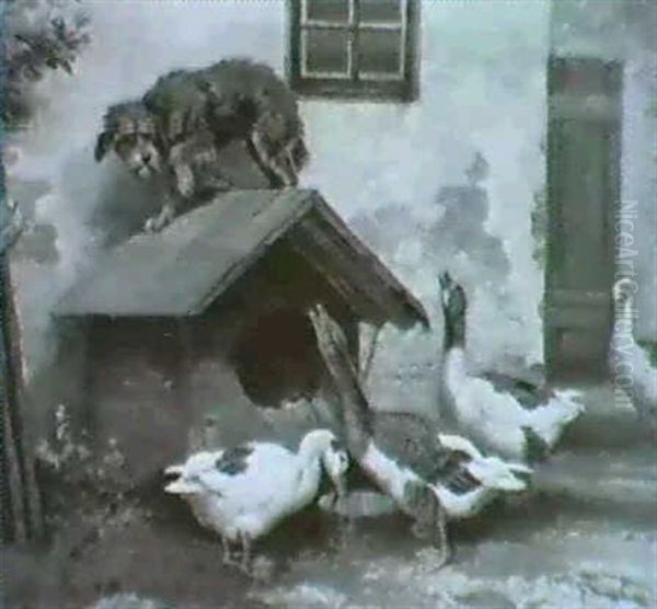 Gestorter Friende. Veir Ganse Am Trog Vor Einer Hundehutte, Dressen Besitzer Sich Angst- Lich Auf Das Dach Verkriecht Oil Painting by Wilhelm Graebhein