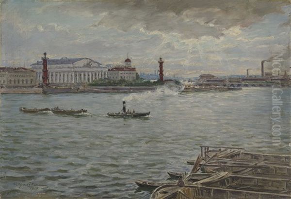 View Of The Spit Of Vasilievsky Island, Petrograd Oil Painting by Ivan Mikhailovich Grabovsky