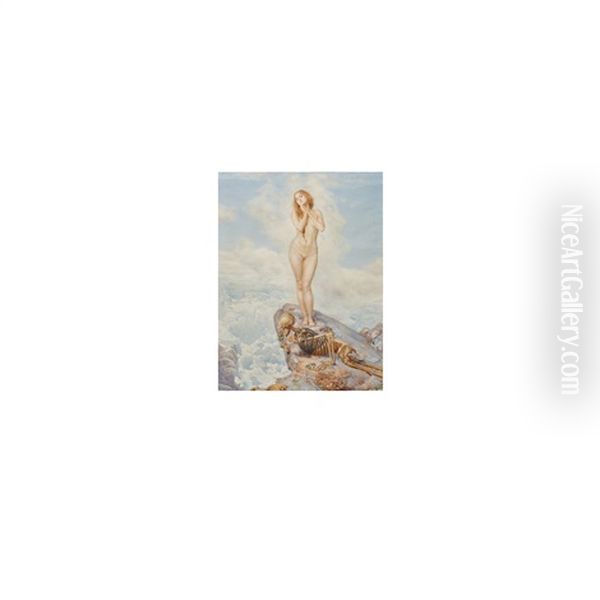 Nude Female Overlooking Precipice Accompanied By Death Oil Painting by Paul Grabwinkler