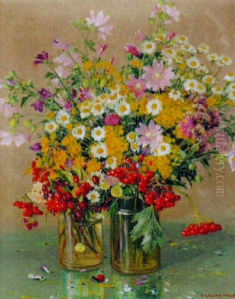 Zwei Glaser Mit Blumen Oil Painting by Peter Grabwinkler