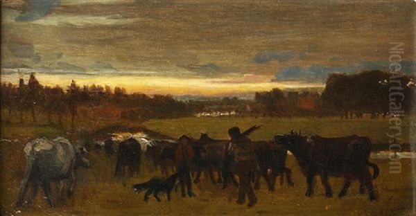 Figures Herding Cattle In Meadow At Sunset Oil Painting by Alfred Fitzwalter Grace