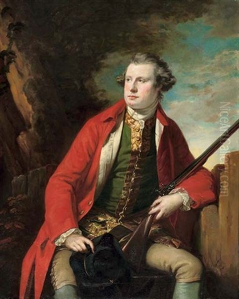 Portrait Of John Harvey Thursby Of Abbington Abbey In A Green Waistcoat And Red Coat, Holding A Gun Oil Painting by Henriette Edith Grace