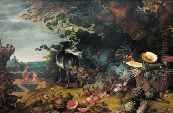 An Extensive Landscape With Flowers, Fruit And Vegetables With A Goat By A Tree, A Scene Depicting Noli Me Tangere In A Garden Beyond Oil Painting by Gommaert Van Der Gracht