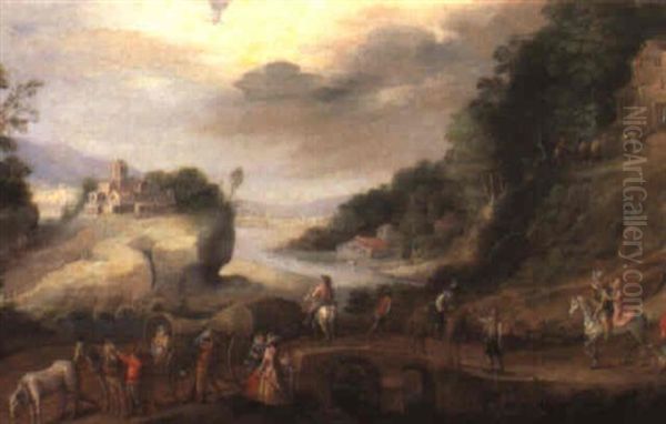 Landscape With Travellers Halted Near A Bridge Oil Painting by Gommaert Van Der Gracht