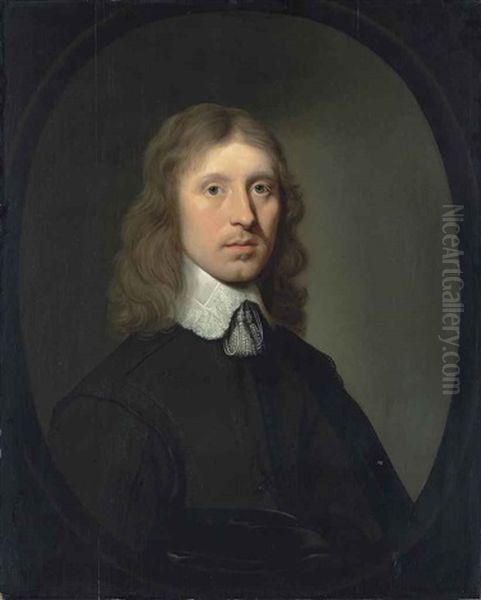 Portrait Of A Man, Half-length, In A Black Coat And White Collar, In A Feigned Oval Oil Painting by Jacobus Van Der Gracht