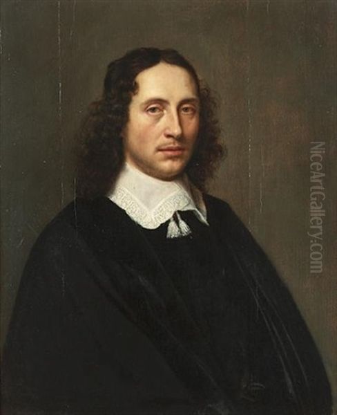 Portrait Of A Gentleman, Half-length, In Black Costume With A White, Lace-trimmed Collar Oil Painting by Jacobus Van Der Gracht