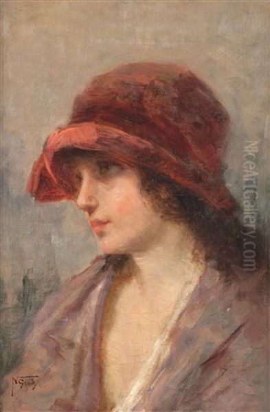 Fanciulla Con Il Cappello Bordeaux Oil Painting by Napoleone (Luigi) Grady