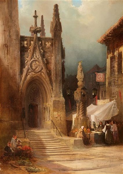 Side Portal Of A French Cathedral (possibly Autun) Oil Painting by Karl Georg Anton Graeb