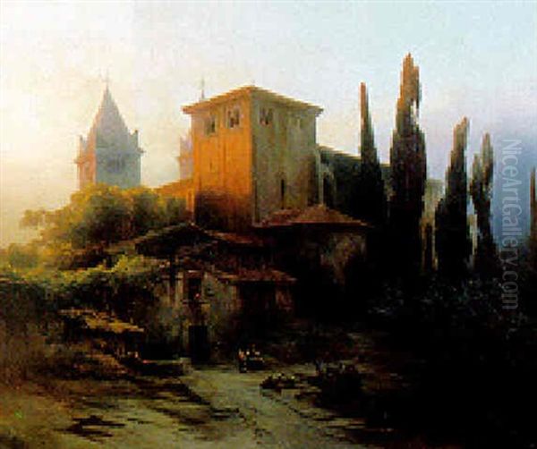 Figures Before A Monastery In An Italiante Landscape Oil Painting by Karl Georg Anton Graeb