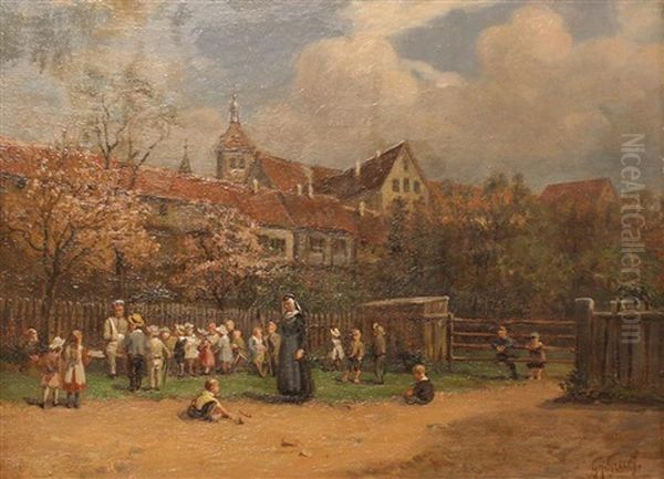 Children In The Square Oil Painting by Georg Graef