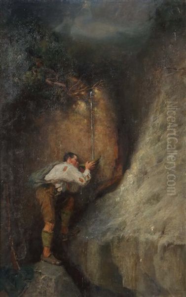 An Der Quelle, Ein Junger Jager Trinkt Aus Seinem Hut An Der Quelle, Auf Felsenterrain Oil Painting by Oscar (Oskar) Graef