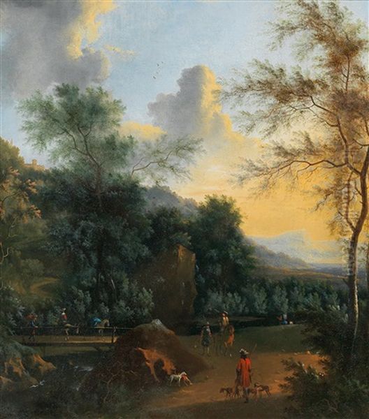 A Landscape Featuring Hunting Scenes Oil Painting by Timotheus De Graef