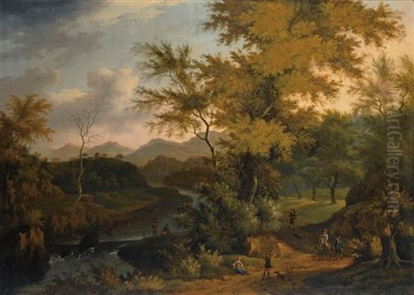 An Extensive Wooded River Landscape With Fishermen Near A River, And Sportsmen And Travellers On A Path Oil Painting by Timotheus De Graef