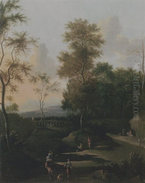 An Evening Landscape With Travellers And Fishermen On A Track, An Aqueduct Beyond Oil Painting by Timotheus De Graef