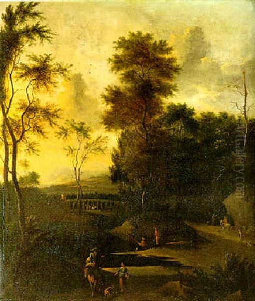 Travelers In An Italianate Wooded Landscape Oil Painting by Timotheus De Graef