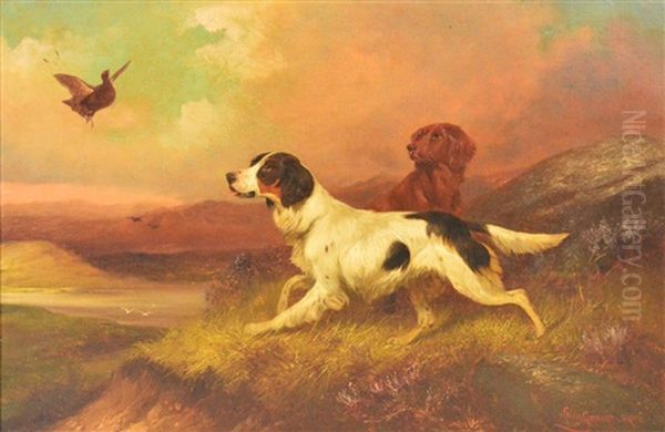 Pair Of Gun Dogs In A Landscape With Grouse In Flight In The Foreground Oil Painting by Colin Graeme