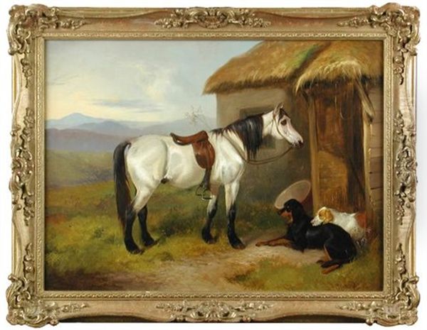 A Grey Pony With A Gordon Setter And Another Setter Outside A Highland Croft Oil Painting by Colin Graeme