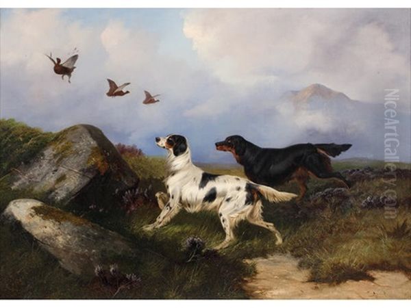 At The Ready - Two Setters Putting Up Grouse Oil Painting by Colin Graeme