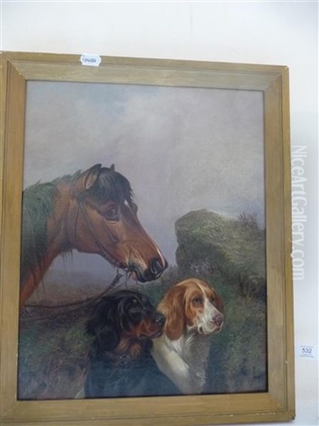 A Bay Pony And Two Gun Dogs In Heather Moorland Oil Painting by Colin Graeme