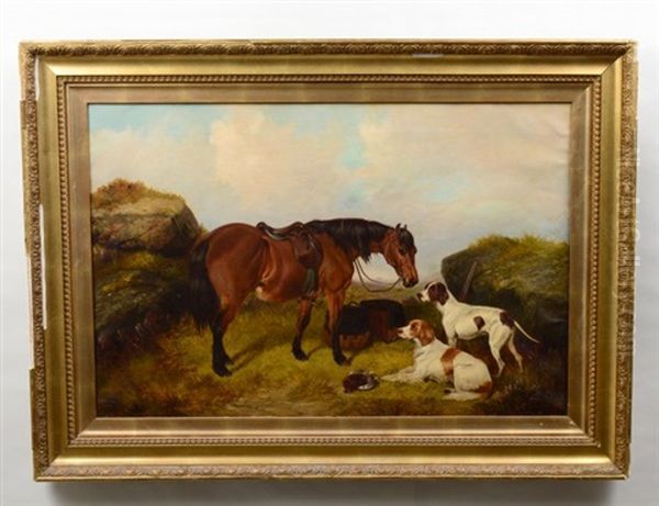 Two Pointers And Hunting Horse Resting In A Landscape Oil Painting by Colin Graeme