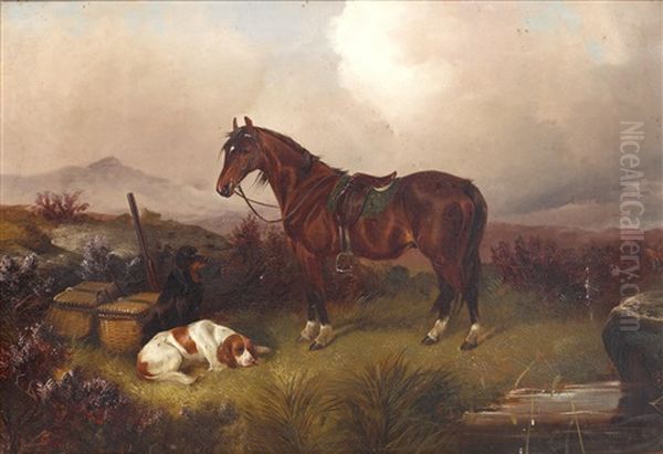 A Huntsman's Pony, Dogs, Guns And Baskets In A Moorland Landscape Oil Painting by Colin Graeme